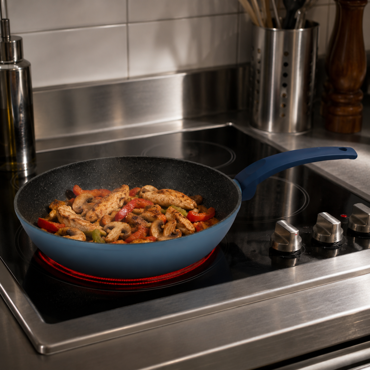 Una padella blu con pollo, funghi e peperoni cuoce su un piano cottura.