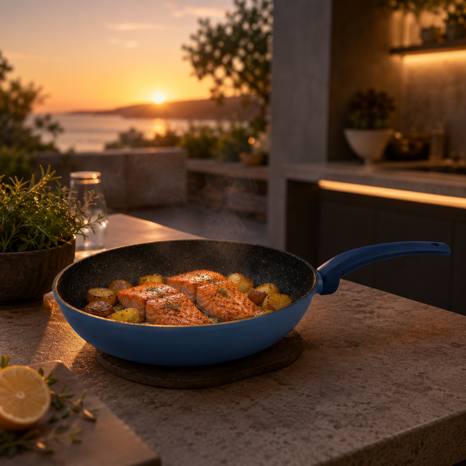 Una padella blu con salmone e patate fumanti su un bancone da cucina al tramonto vicino al mare.