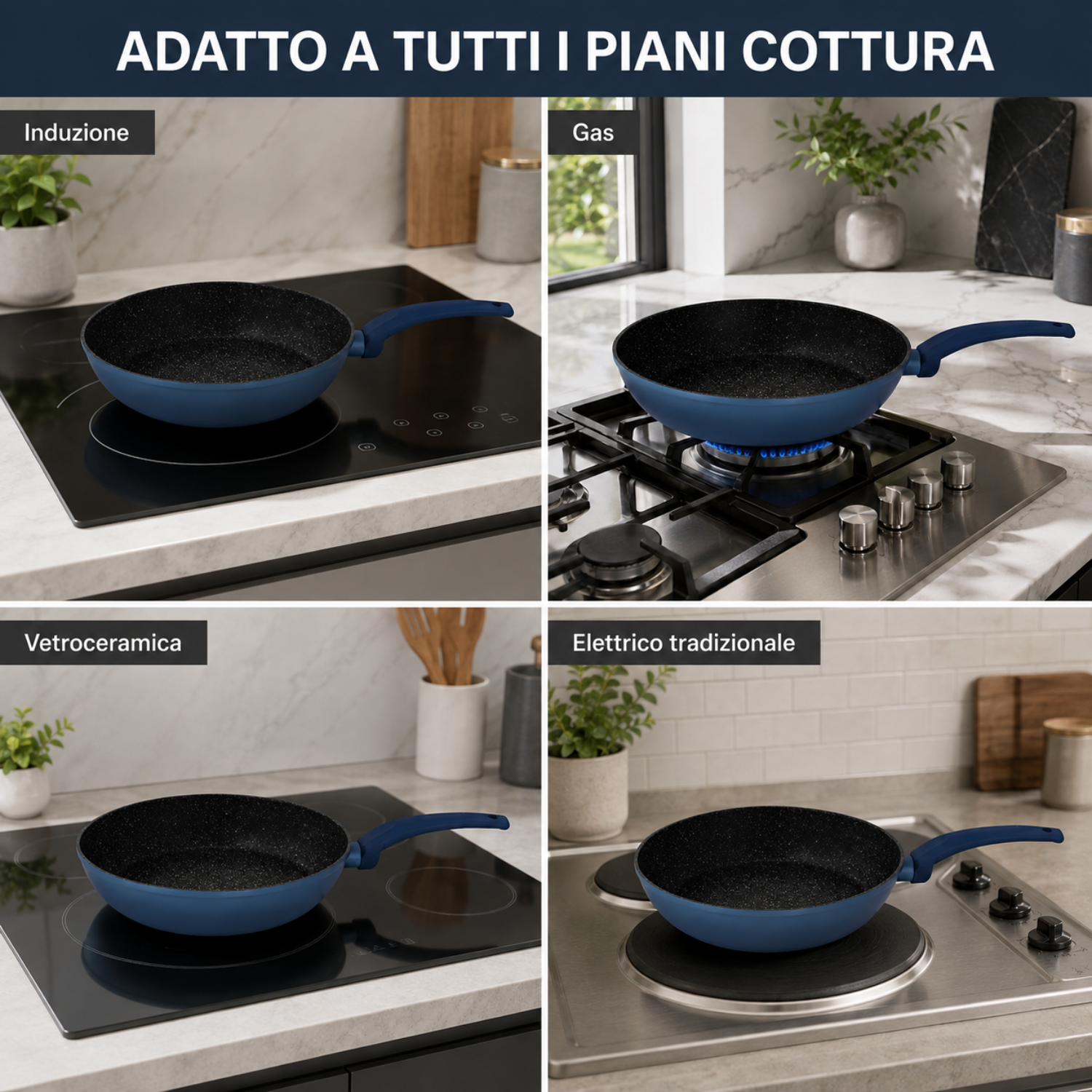 Padella blu con interno nero su quattro diversi piani cottura: induzione, gas, vetroceramica ed elettrico.