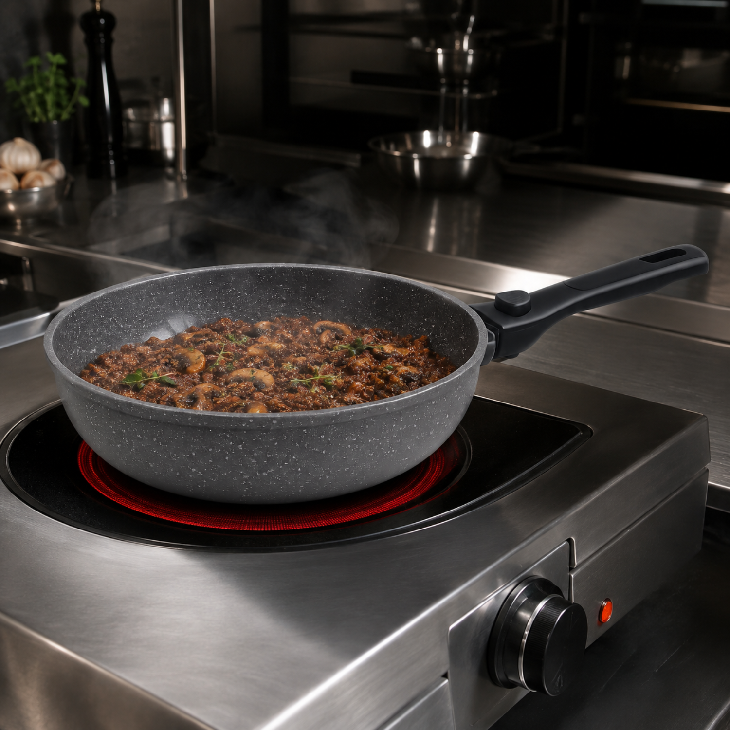 Una padella grigia con funghi e carne cuoce su un piano cottura a induzione rosso incandescente in una cucina in acciaio.