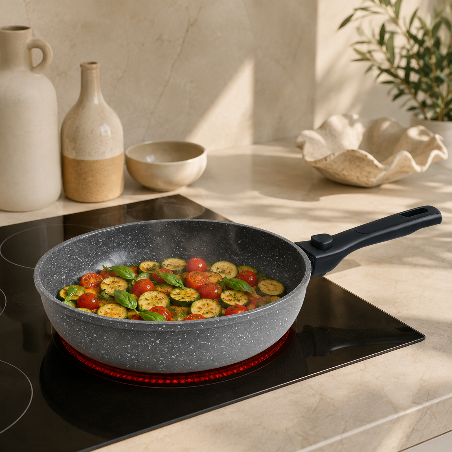 Una padella grigia con zucchine e pomodorini cuoce su un piano cottura a induzione luminoso in una cucina soleggiata.