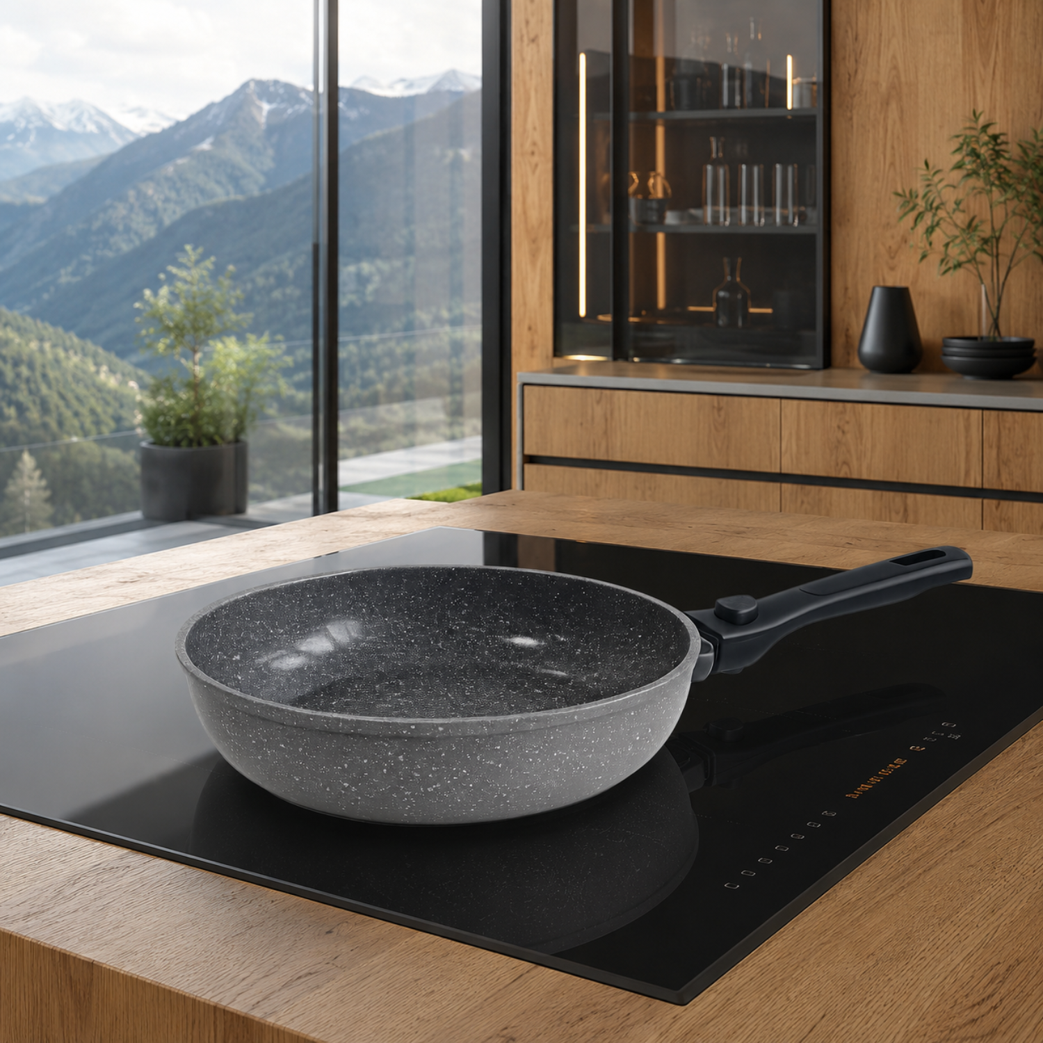 Una padella grigia su un piano cottura a induzione in una cucina moderna con vista sulle montagne.