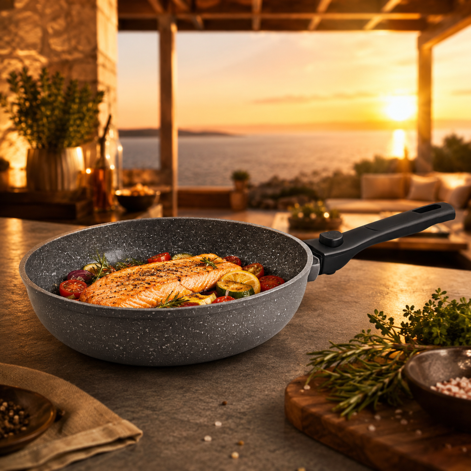 Una padella maculata con salmone e verdure su un bancone con vista sull'oceano al tramonto.