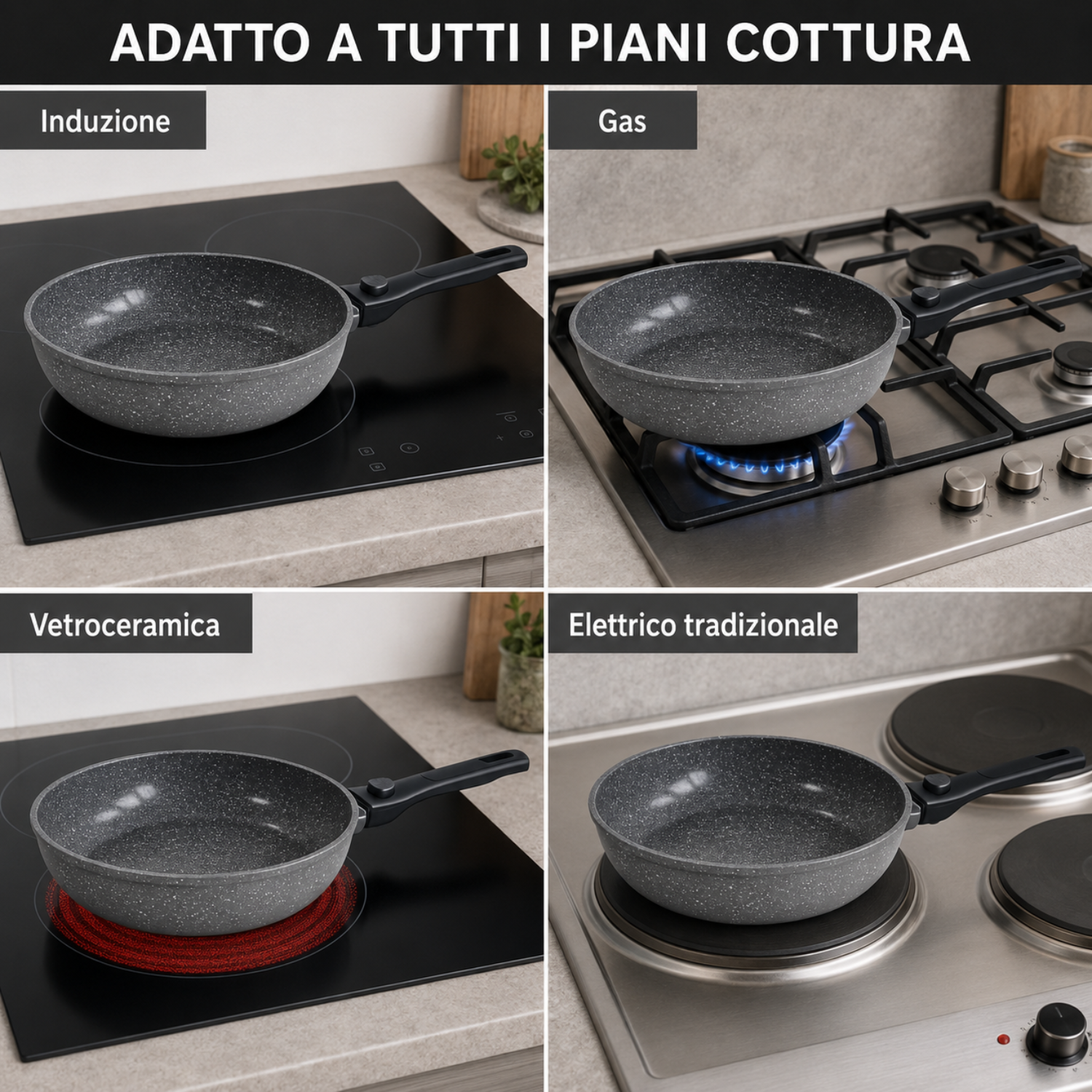 Padella grigia maculata mostrata su piani cottura a induzione, gas, vetroceramica ed elettrici.
