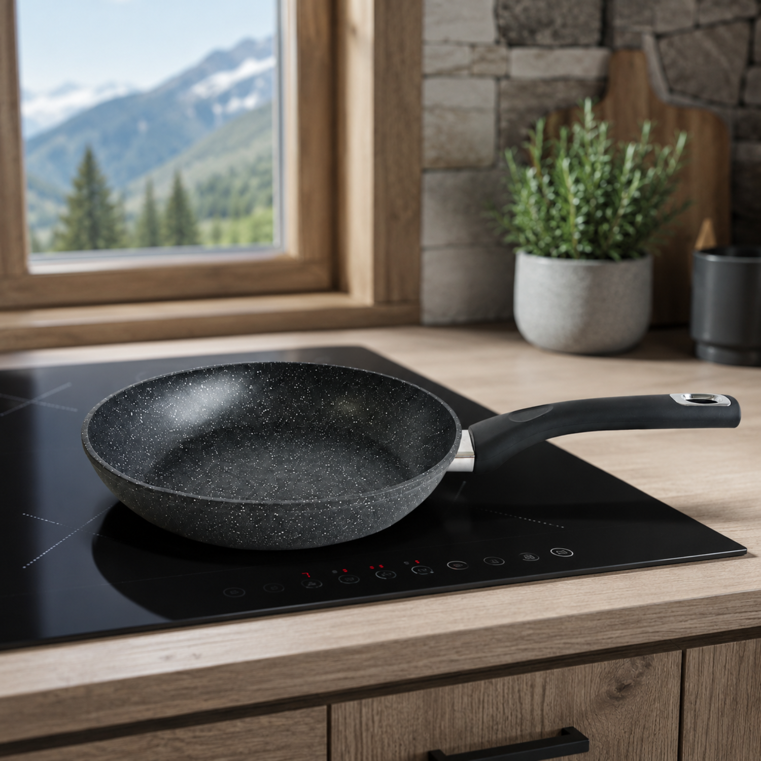 Una padella grigio scuro screziata si trova su un piano cottura a induzione nero in una cucina luminosa.