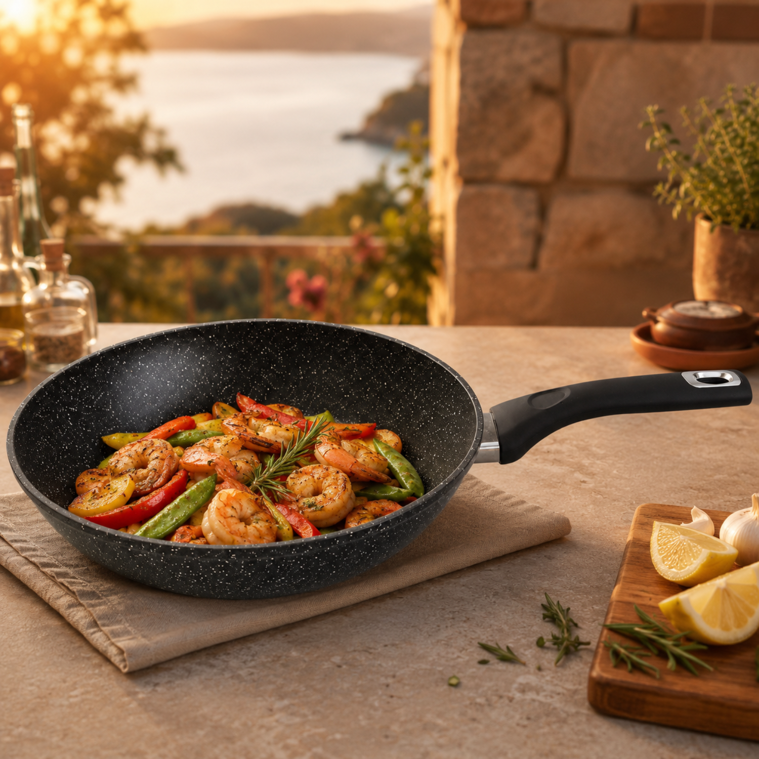 Una padella con gamberi cotti e verdure si trova su un tavolo che si affaccia sul mare al tramonto.