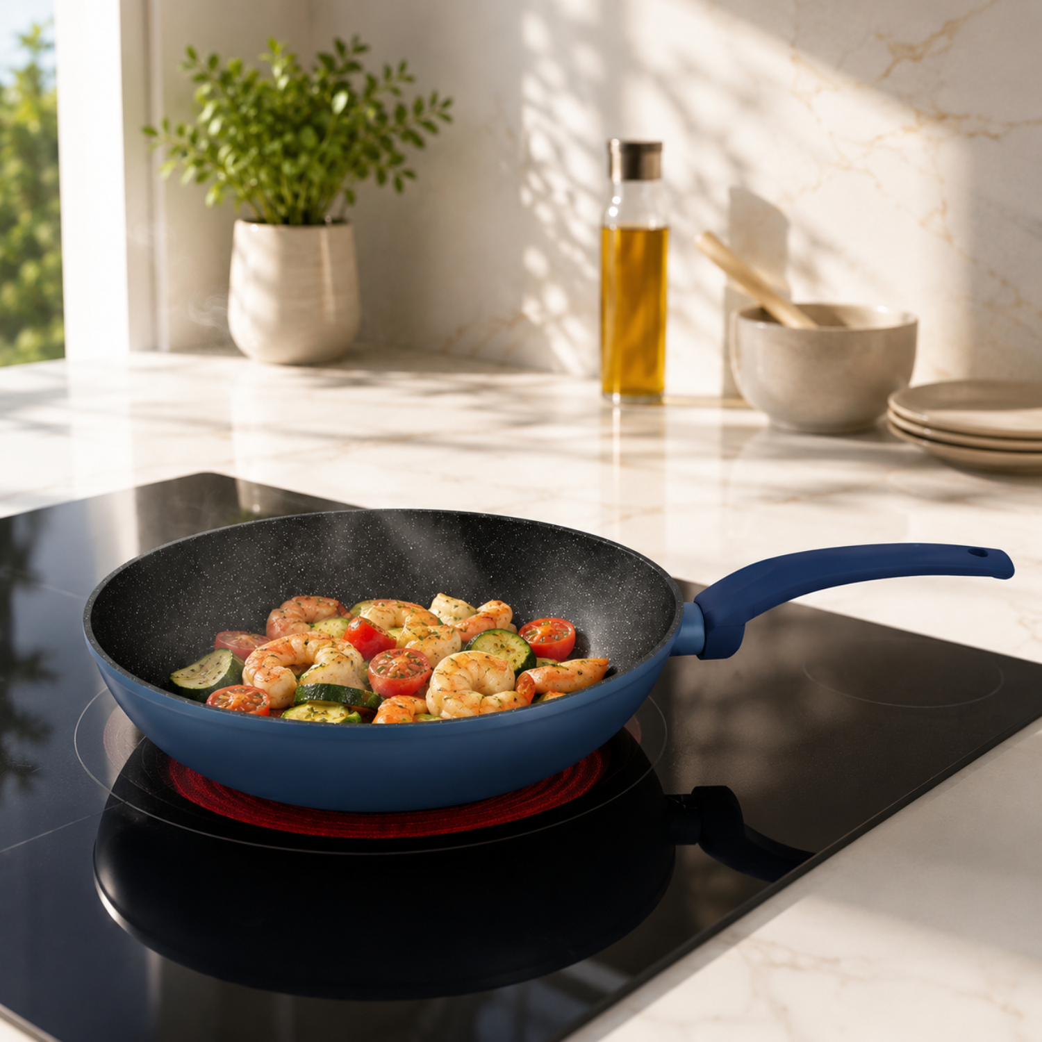 Una padella blu con gamberi, pomodori e zucchine sfrigolanti è su un piano cottura in cucina.