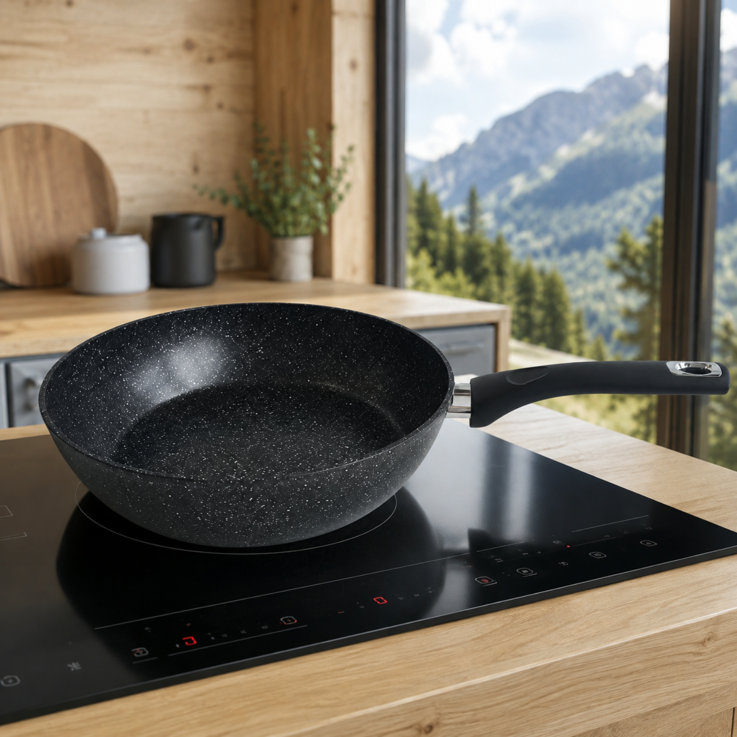Una padella nera maculata si trova su un piano cottura a induzione in una cucina in legno con vista sulle montagne.