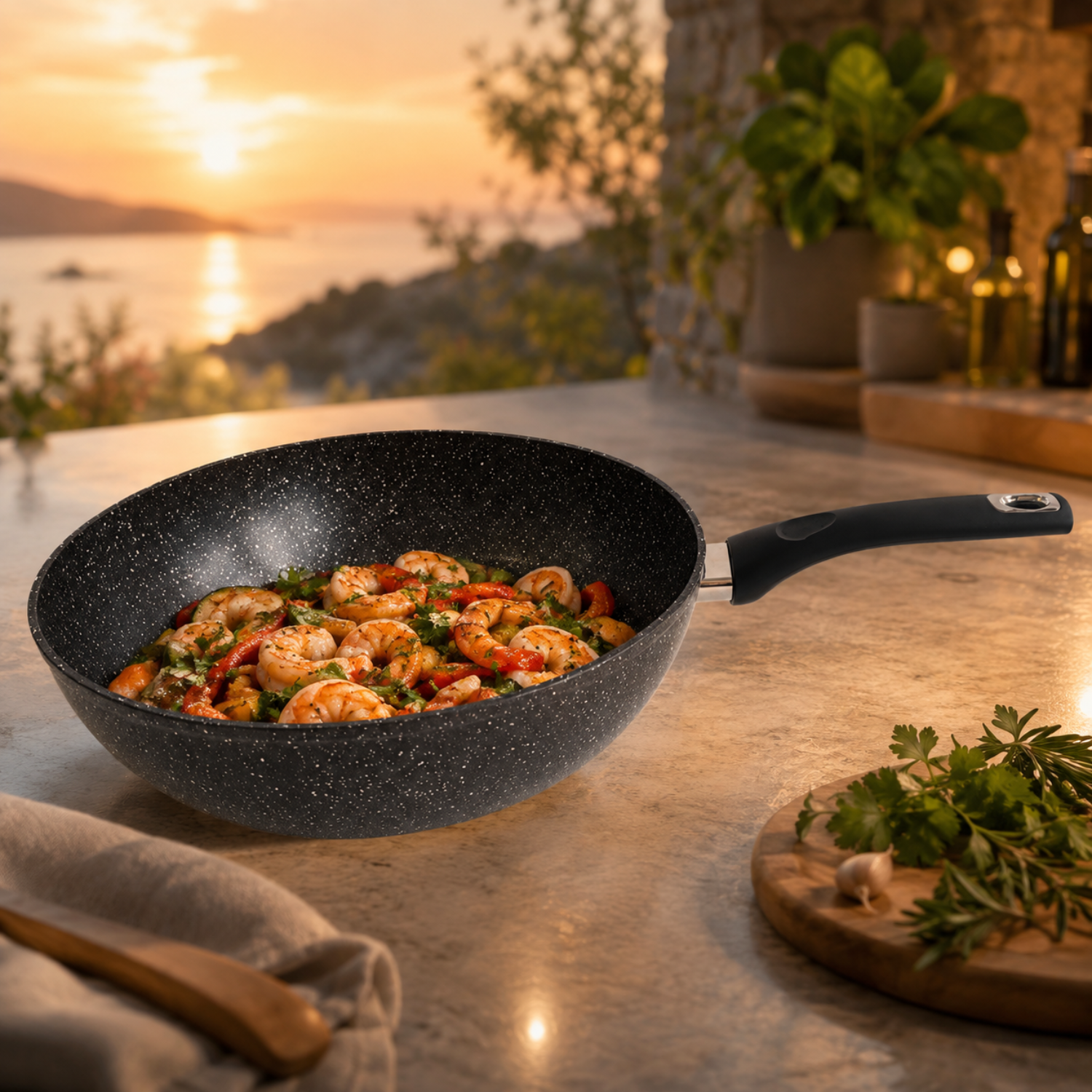 Un wok con gamberi e verdure su un bancone esterno, con tramonto e vista mare sullo sfondo.