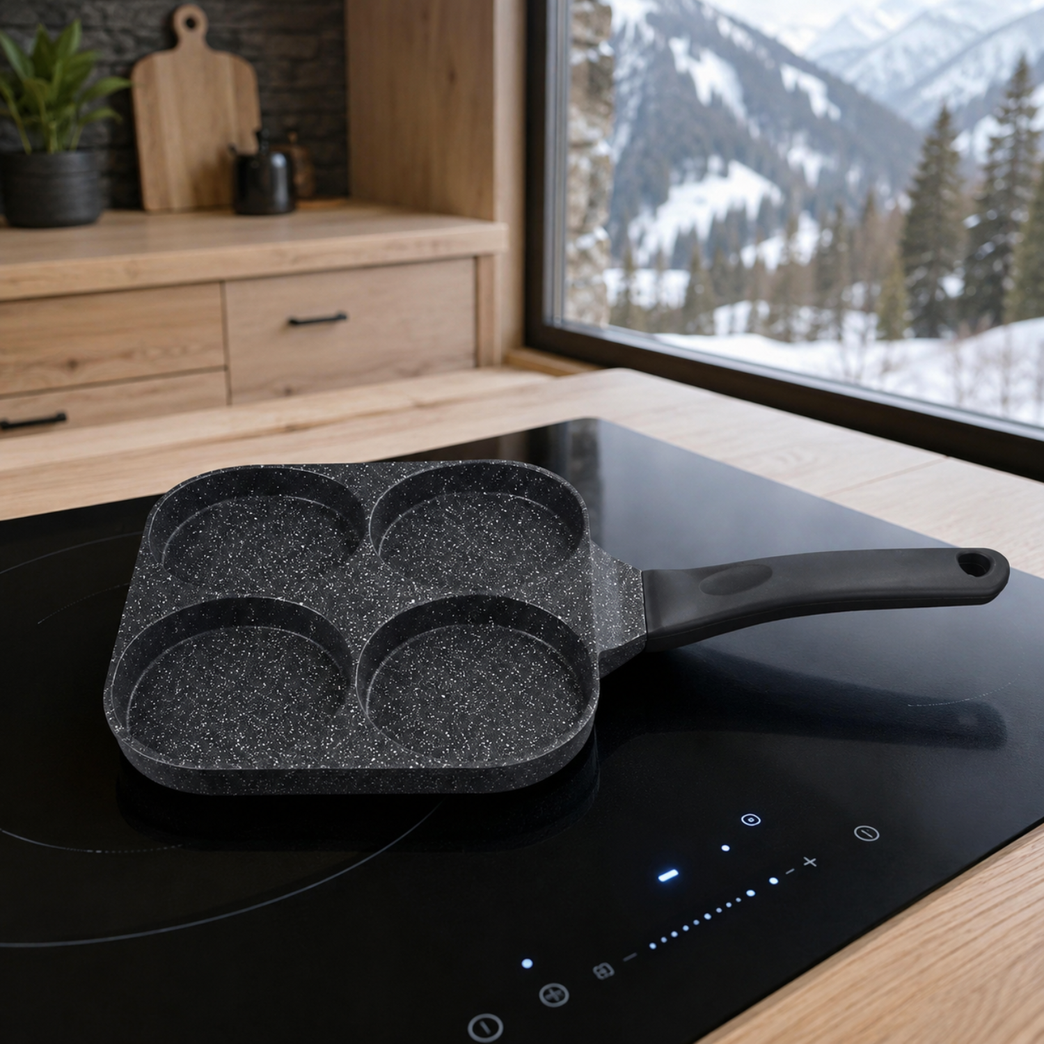 Una padella a quattro scomparti su un piano cottura in una cucina in legno con vista sulle montagne innevate.