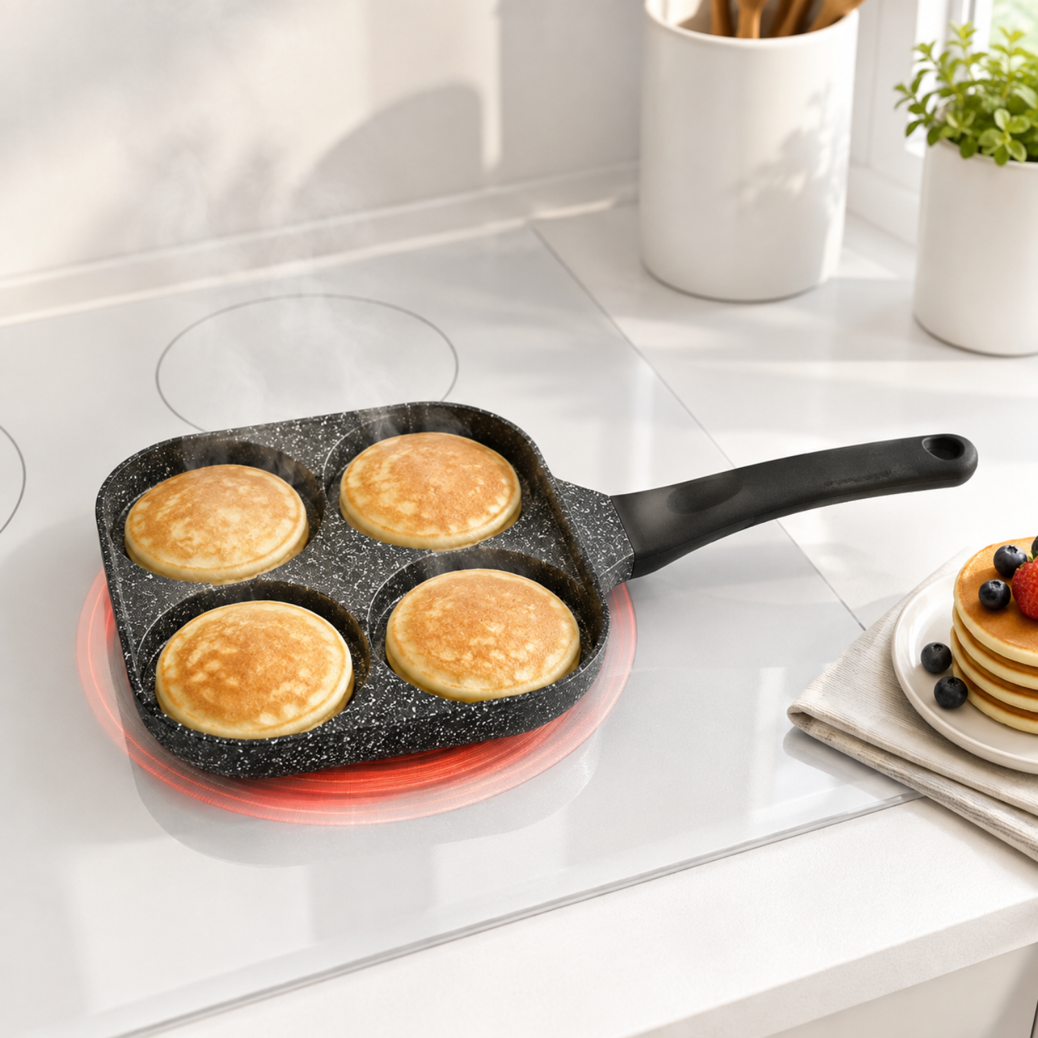 Quattro pancake dorati cuociono in una padella divisa su un piano cottura.