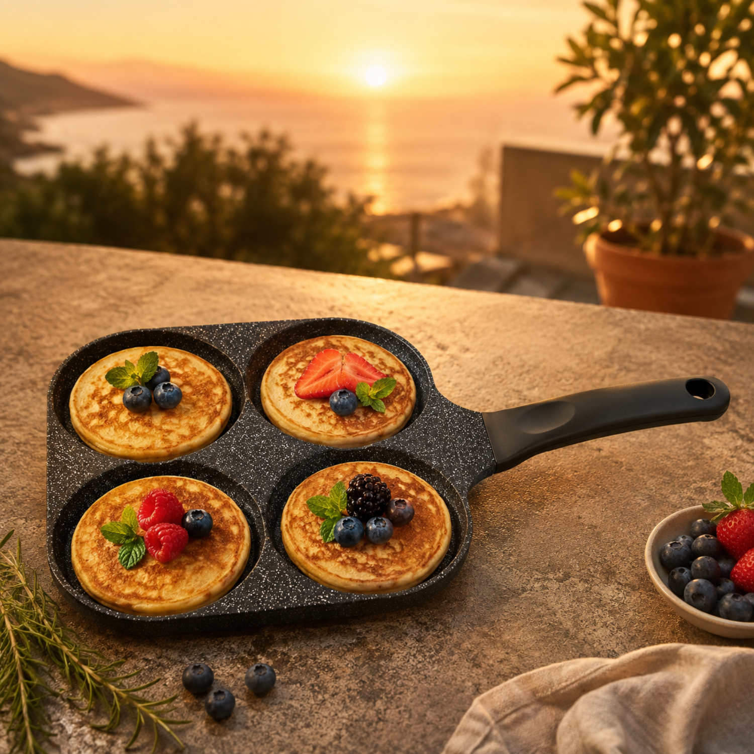 Pancakes con bacche in una padella a quattro scomparti al tramonto.