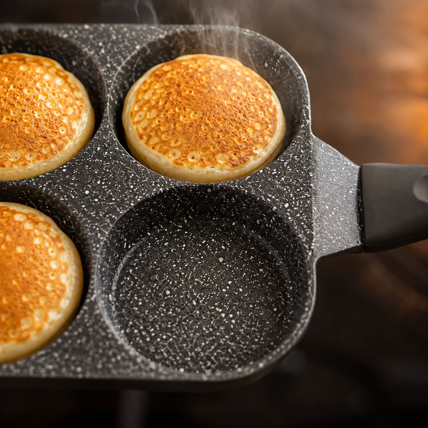 Pancake dorati in cottura in una padella antiaderente scura con quattro stampi rotondi.