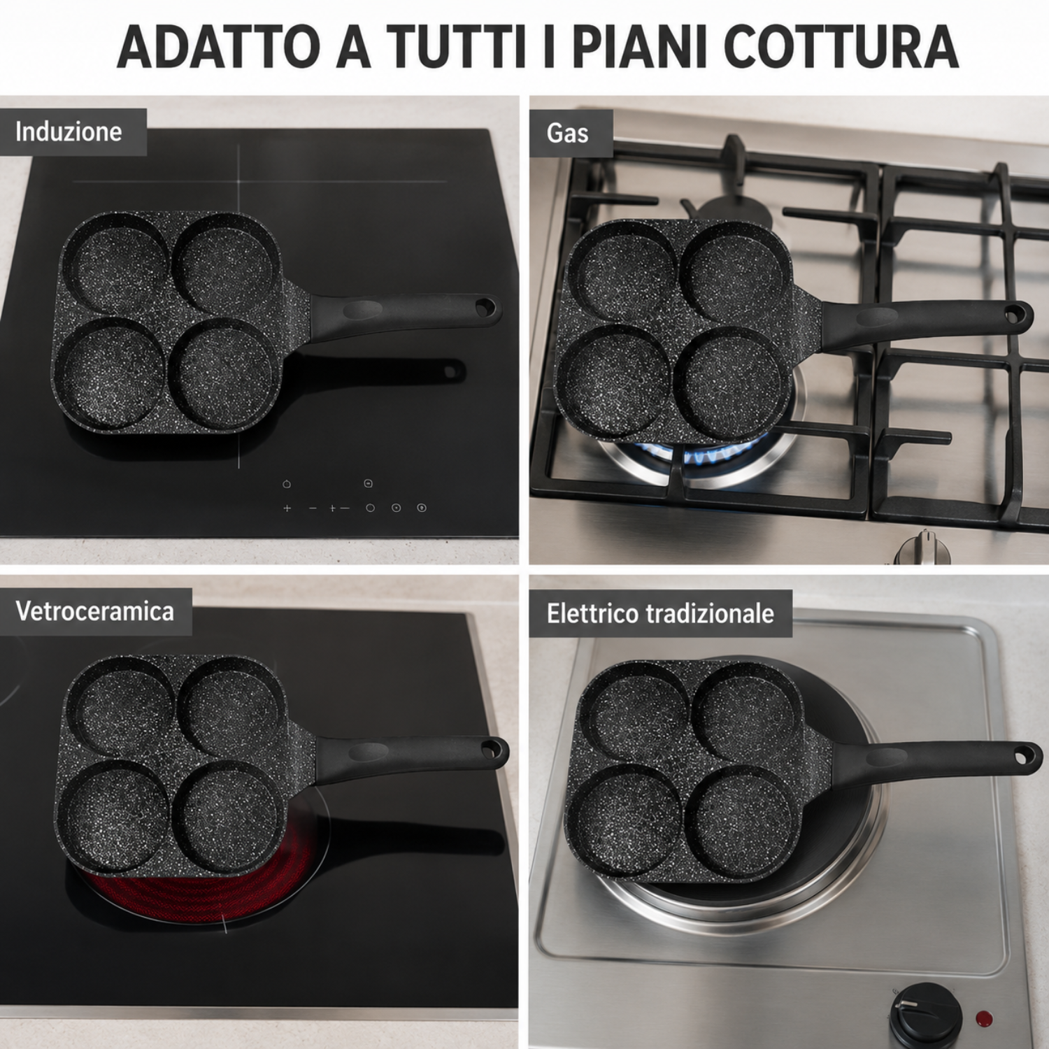 Una padella a quattro scomparti su diversi piani cottura: induzione, gas, vetroceramica ed elettrico.