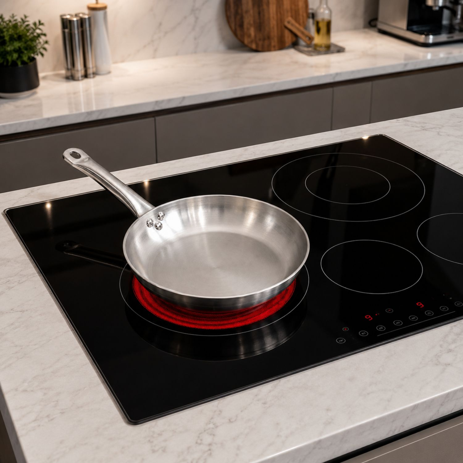 Una padella in acciaio inossidabile si trova su una zona riscaldata rossa di un piano cottura a induzione nero in cucina.