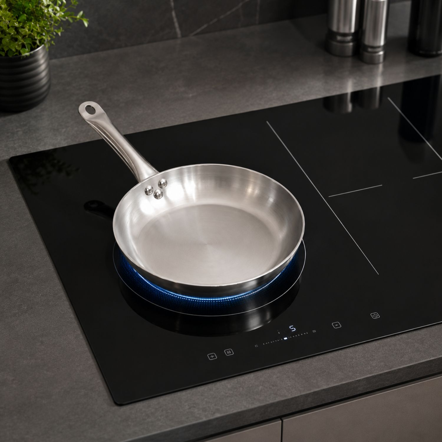 Una padella argentata si trova su un piano cottura illuminato in una cucina moderna.