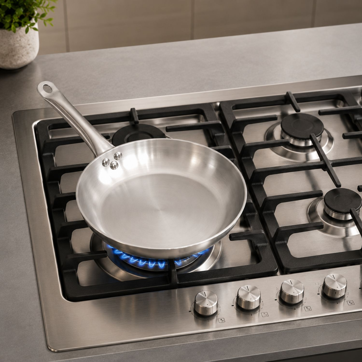 Una padella in acciaio inossidabile è su una fiamma a gas blu di un piano cottura moderno.