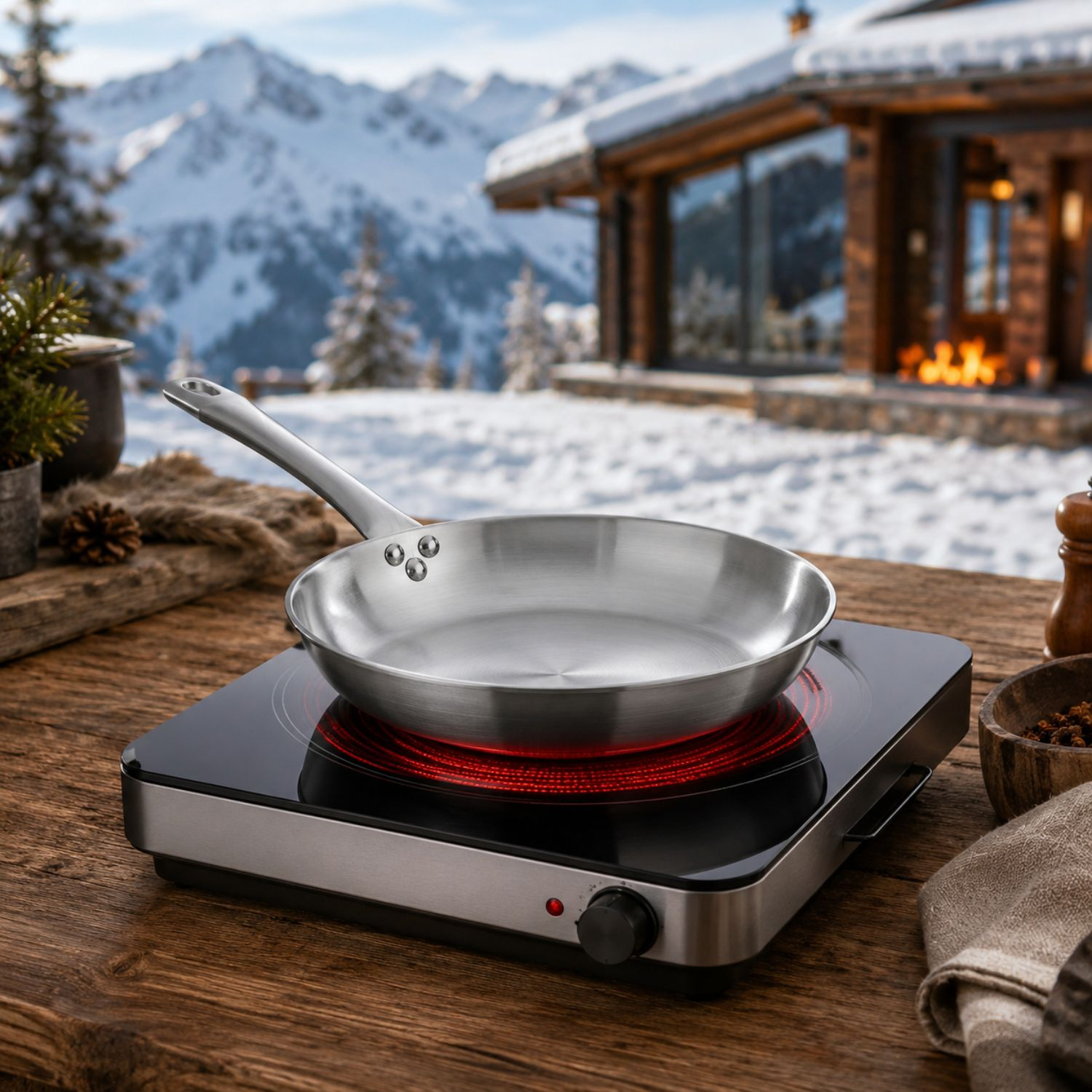 Una padella in acciaio inossidabile su piastra a induzione rossa con chalet di montagna innevato.