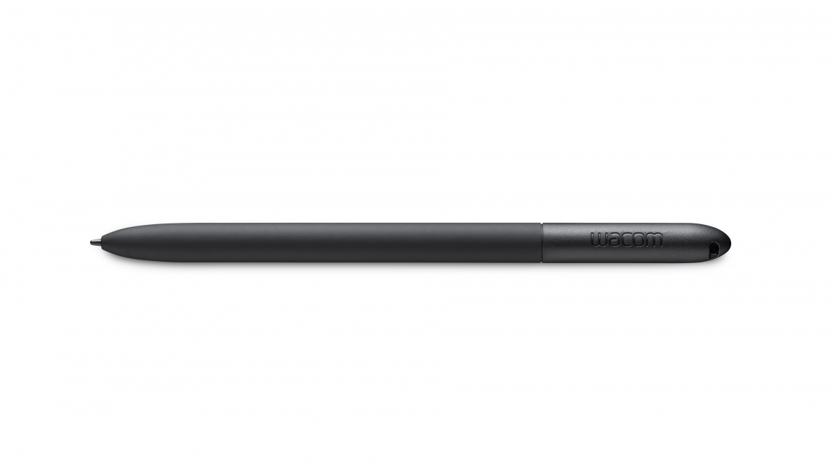 Una penna stilo Wacom nera orizzontale su sfondo bianco, con finitura opaca e logo del marchio.