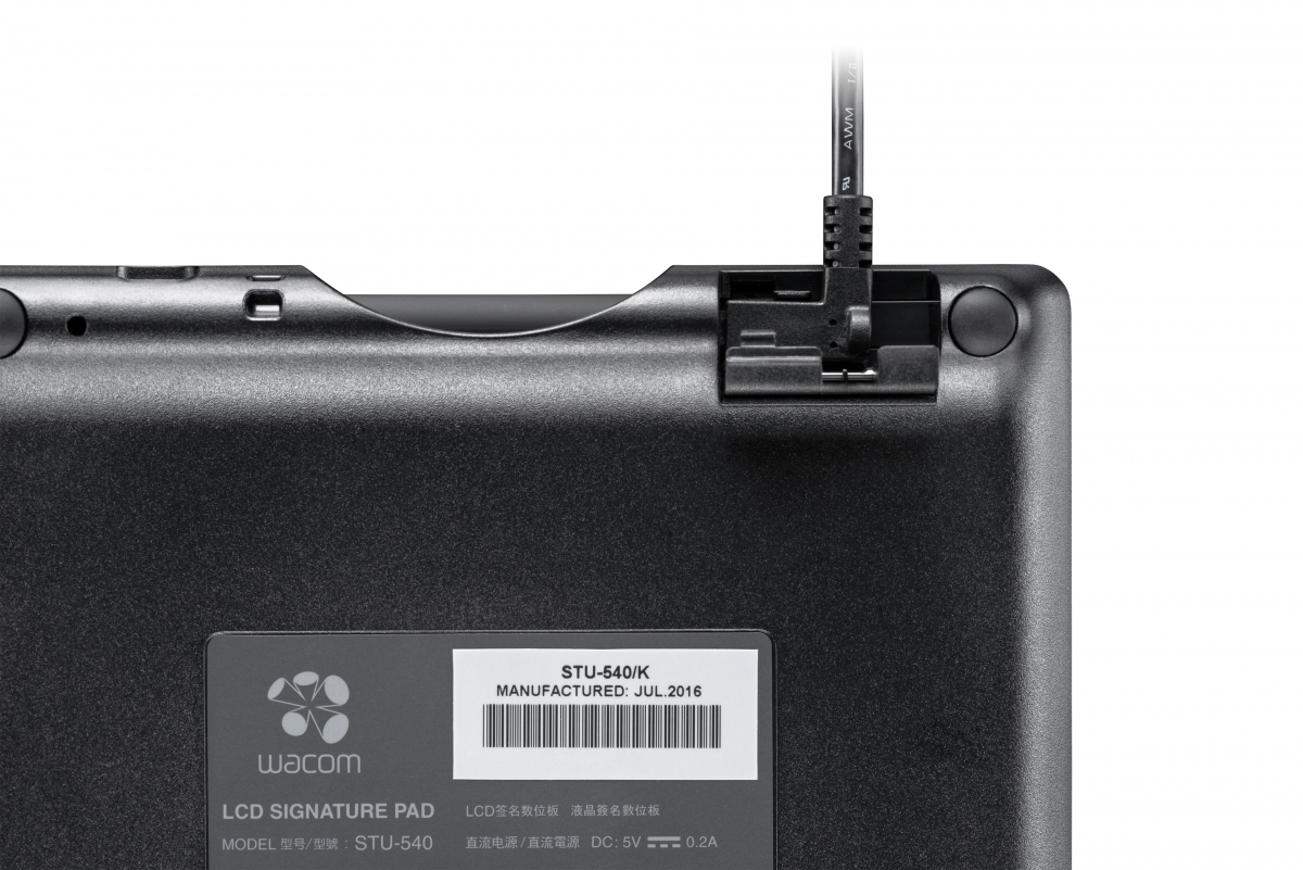 Retro di un pad firma LCD Wacom nero con cavo collegato ed etichetta prodotto.