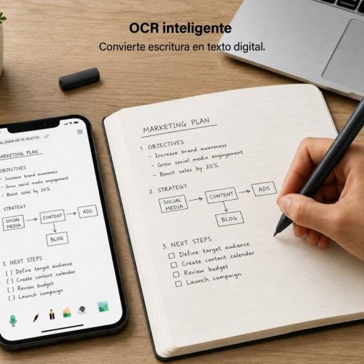 Mano scrive piano di marketing su quaderno accanto a smartphone con testo identico sullo schermo.