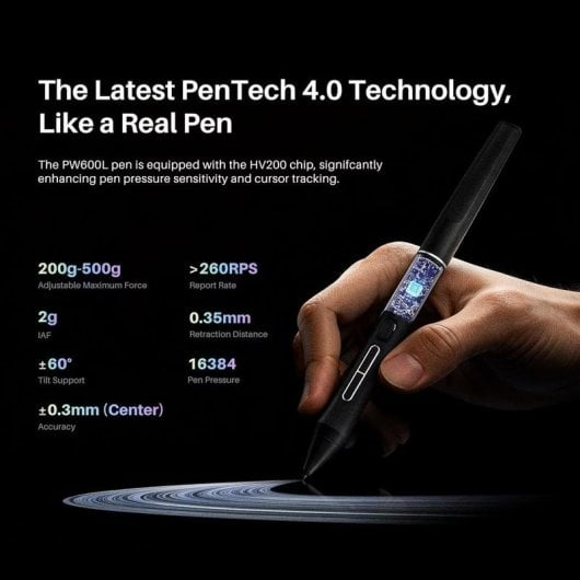 Una mano che regge la penna stilo PW600L con PenTech 4.0 e specifiche tecniche su sfondo scuro.