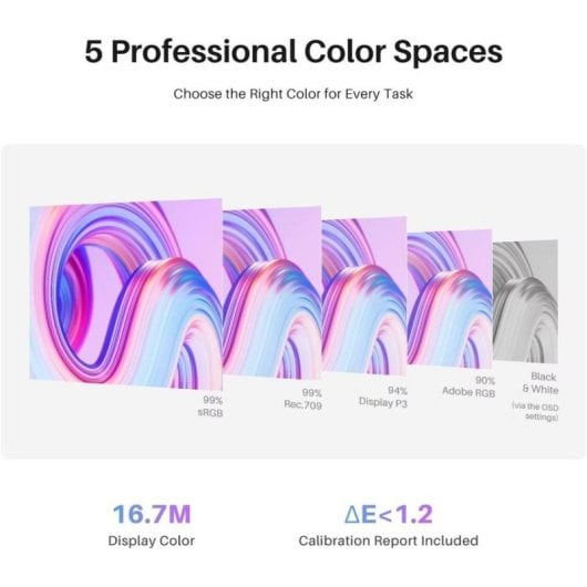 Grafica che mostra 5 spazi colore professionali, 16,7M colori e report di calibrazione.
