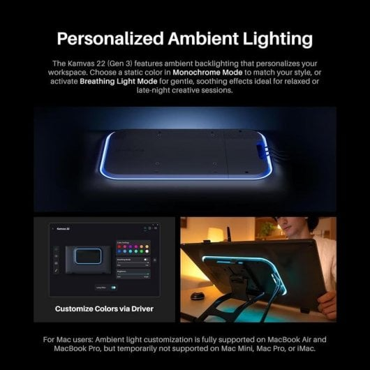 Illuminazione ambientale personalizzata sul display Kamvas 22, con colori personalizzabili e modalità di luce.