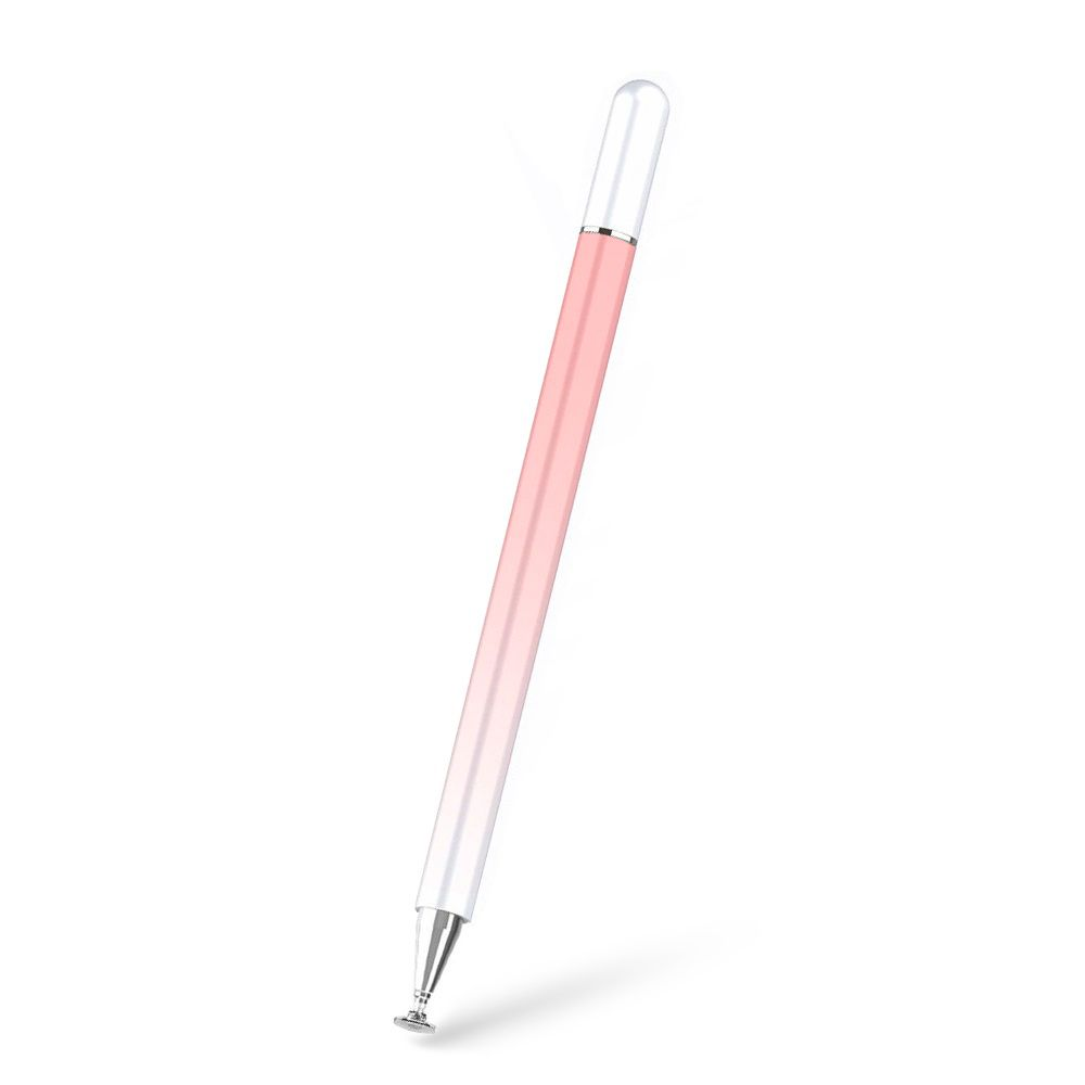 Una penna stilo con gradiente rosa, cappuccio bianco e punta argentata su sfondo bianco.