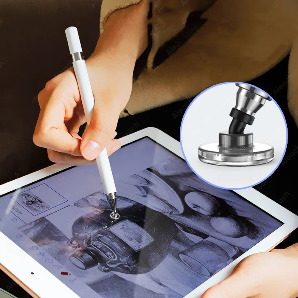 Una persona usa un pennino bianco per disegnare su un tablet, con dettaglio della punta.
