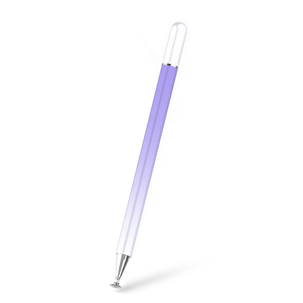 Uno stilo capacitivo viola e bianco con punta a disco trasparente su sfondo bianco.