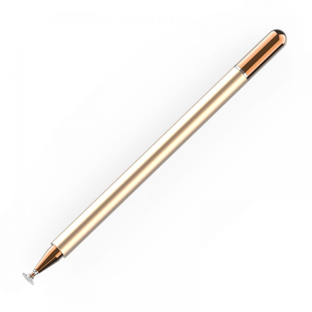 Un'elegante penna stilo touch screen color oro e rame con una punta a disco trasparente su sfondo bianco.