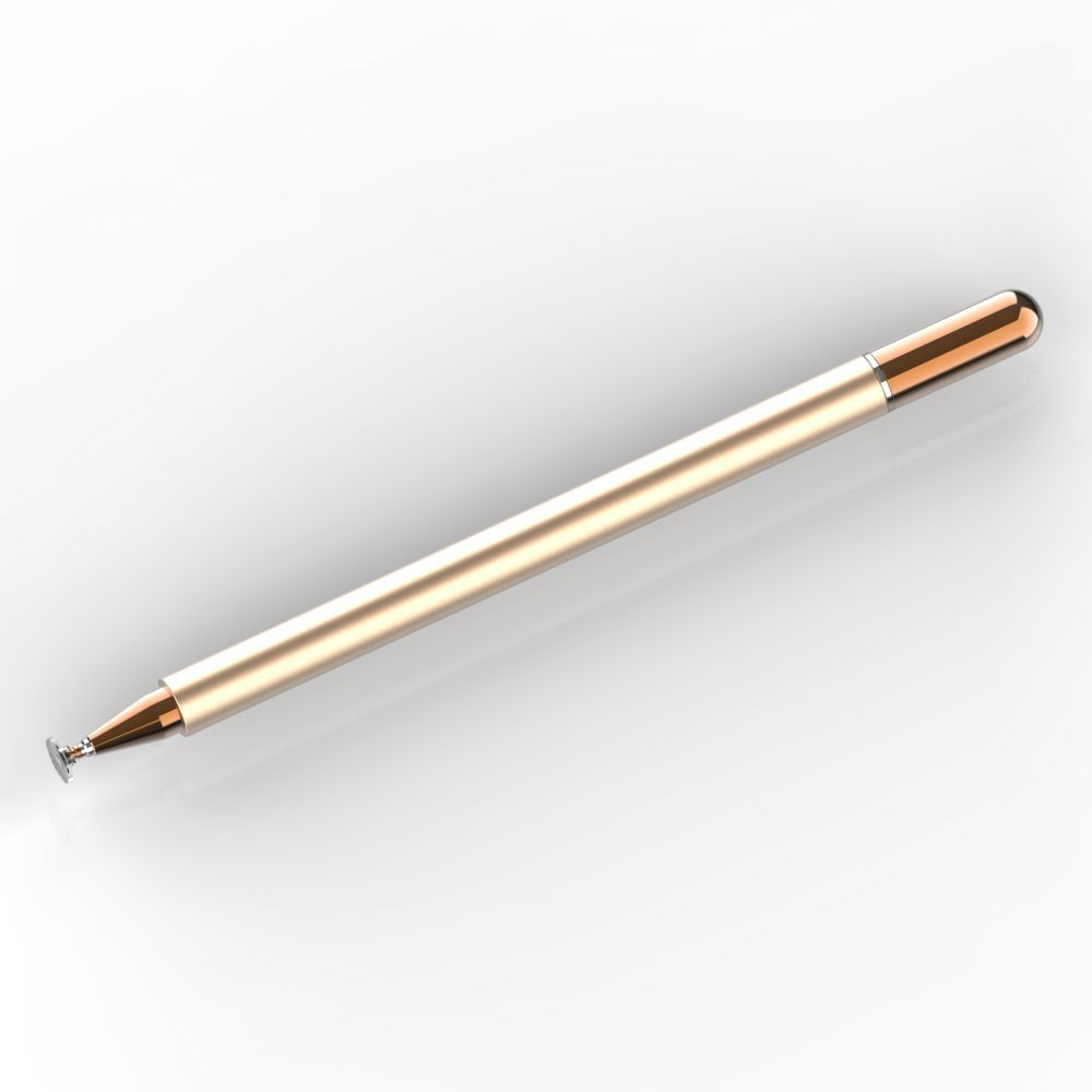 Una elegante penna stilo in oro rosa giace in diagonale su uno sfondo bianco.