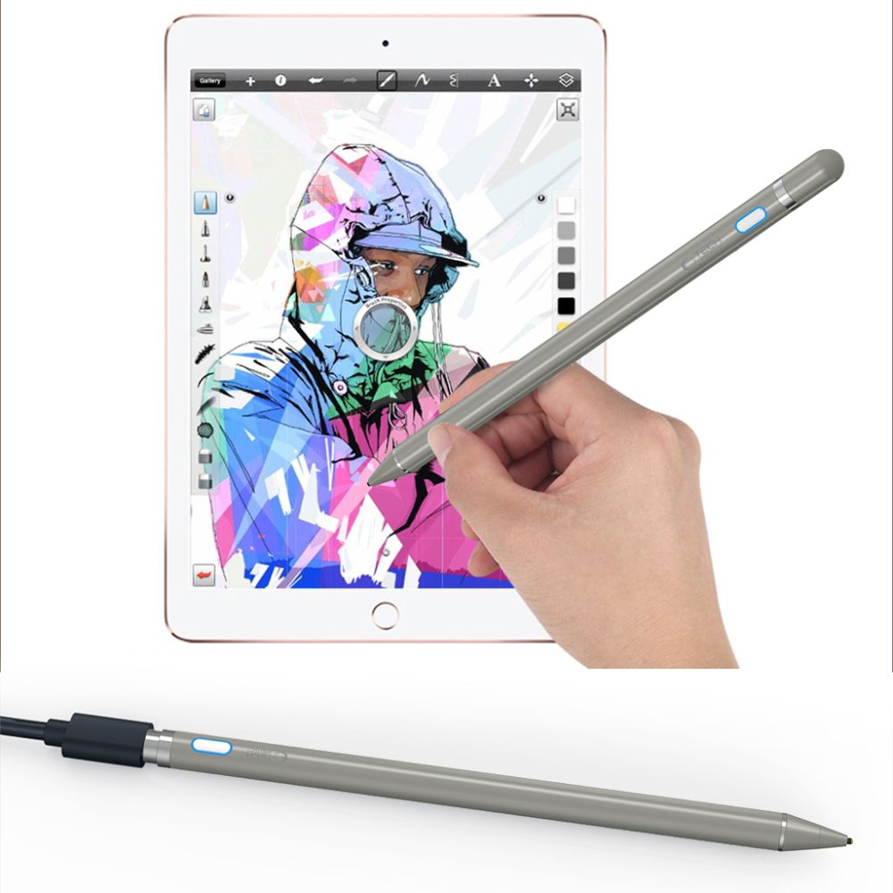 Mano che tiene una penna grigia che disegna su un tablet con grafica.