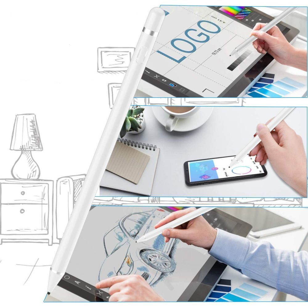 Una penna stilo bianca viene utilizzata per disegnare su tablet, smartphone e schermo.