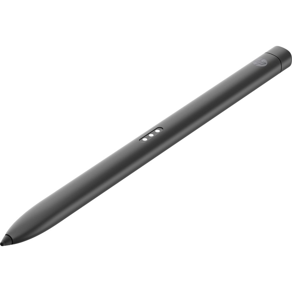 Un'elegante st পেনna HP grigio scuro con tre piccoli pulsanti illuminati e una punta nera appuntita.