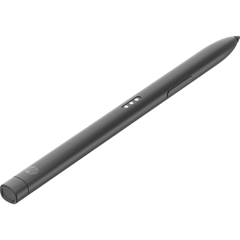 Una penna stilo HP nera ed elegante con pulsanti e logo HP su sfondo bianco.