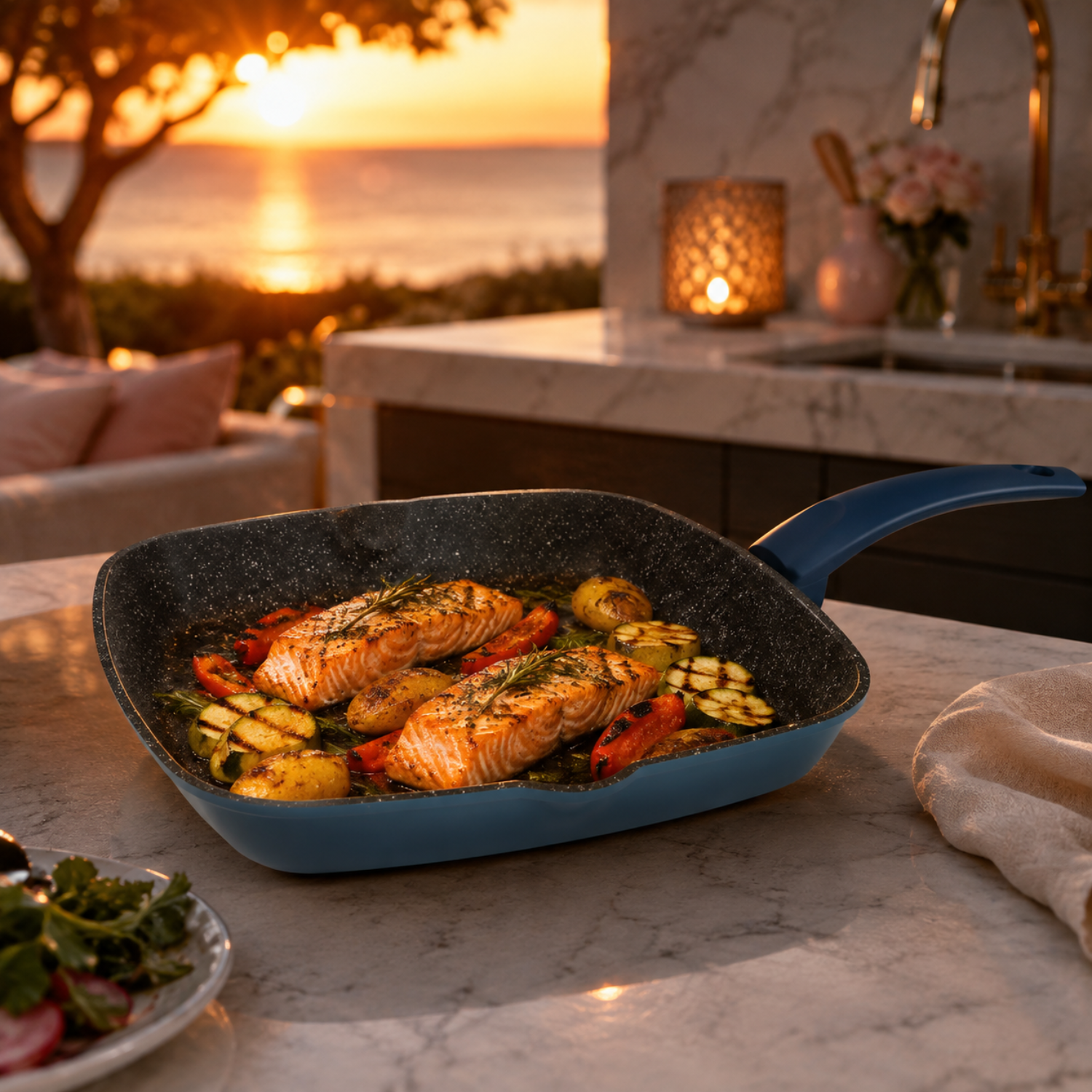 Salmone e verdure cucinano in una padella blu su un bancone con vista sull'oceano al tramonto.