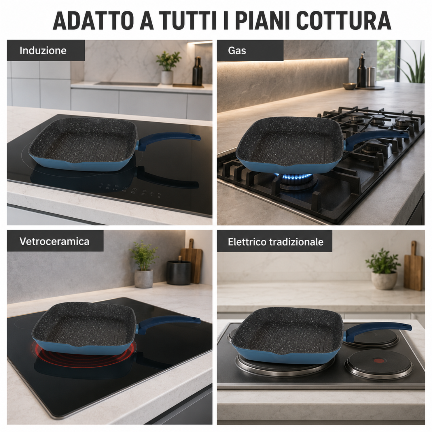 Quattro riquadri mostrano una padella grill blu su piani cottura a induzione, gas, vetroceramica ed elettrici.