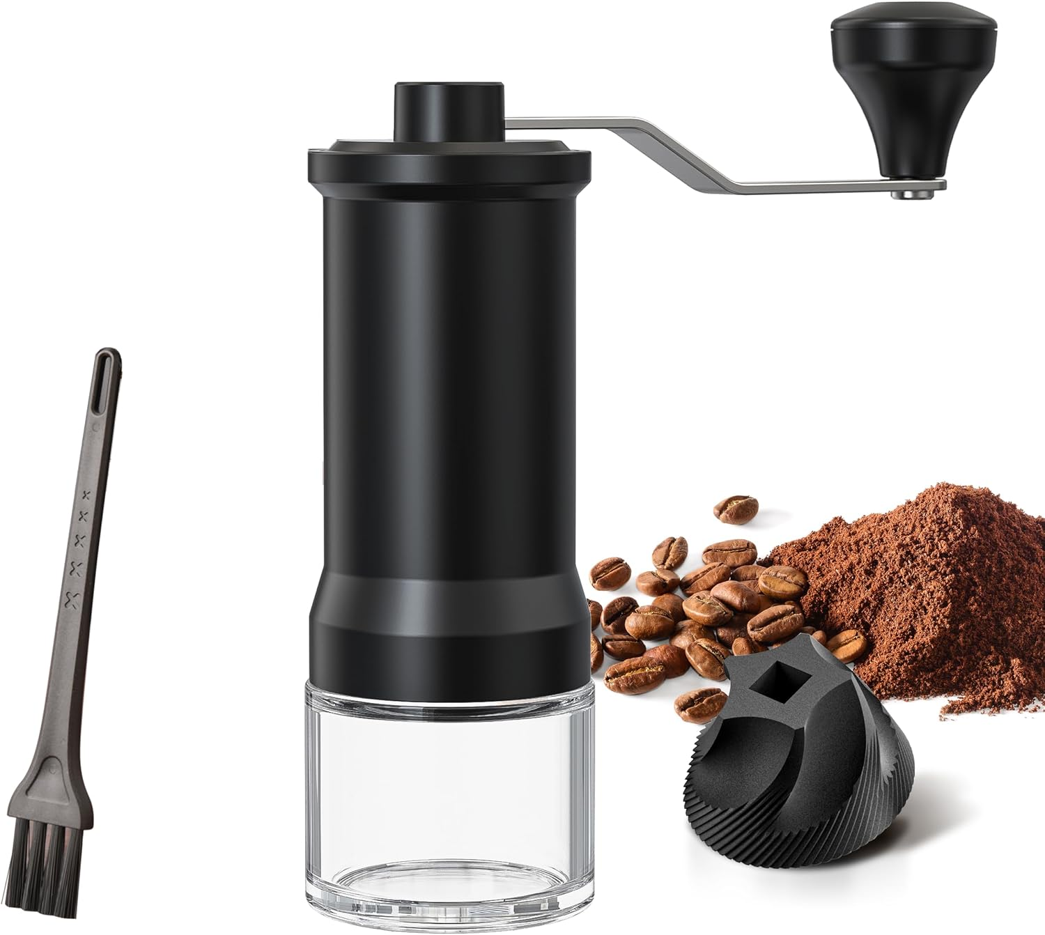 Schwarze Handkaffeemühle mit Kaffeebohnen, Pulver, Bürste und Mahlwerk.