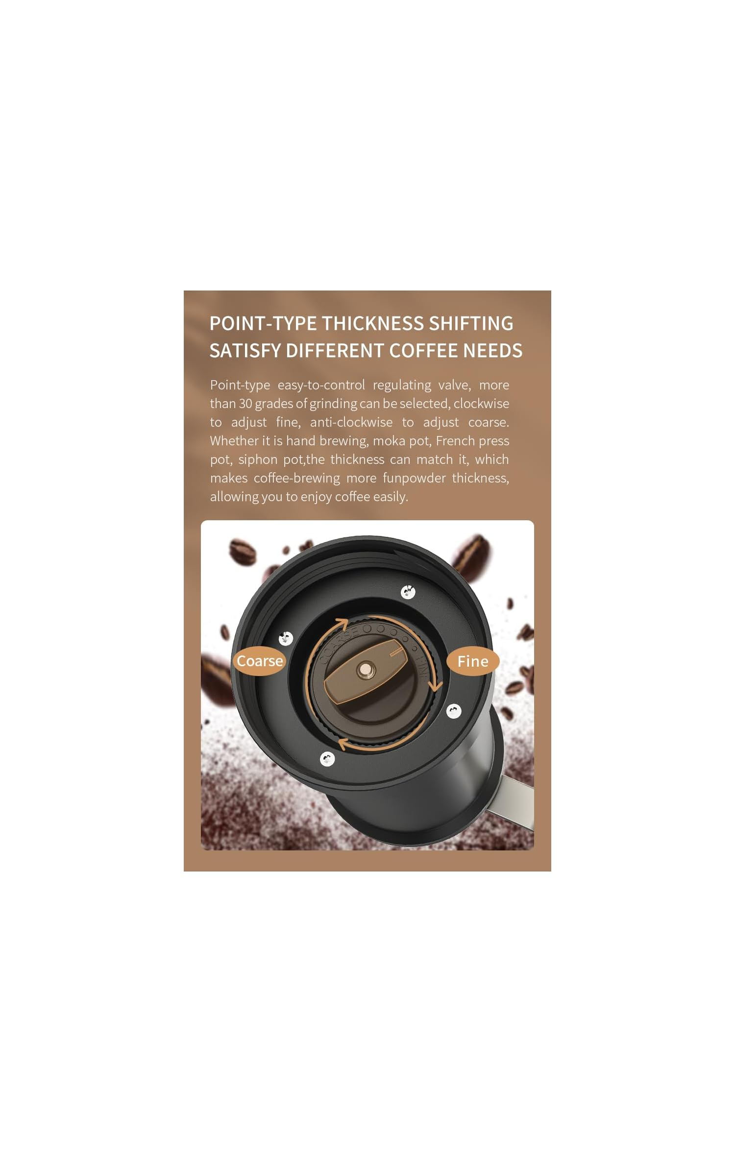 Draufsicht auf eine Kaffeemühle mit Grob- und Feineinstellknopf, umgeben von Kaffeebohnen.