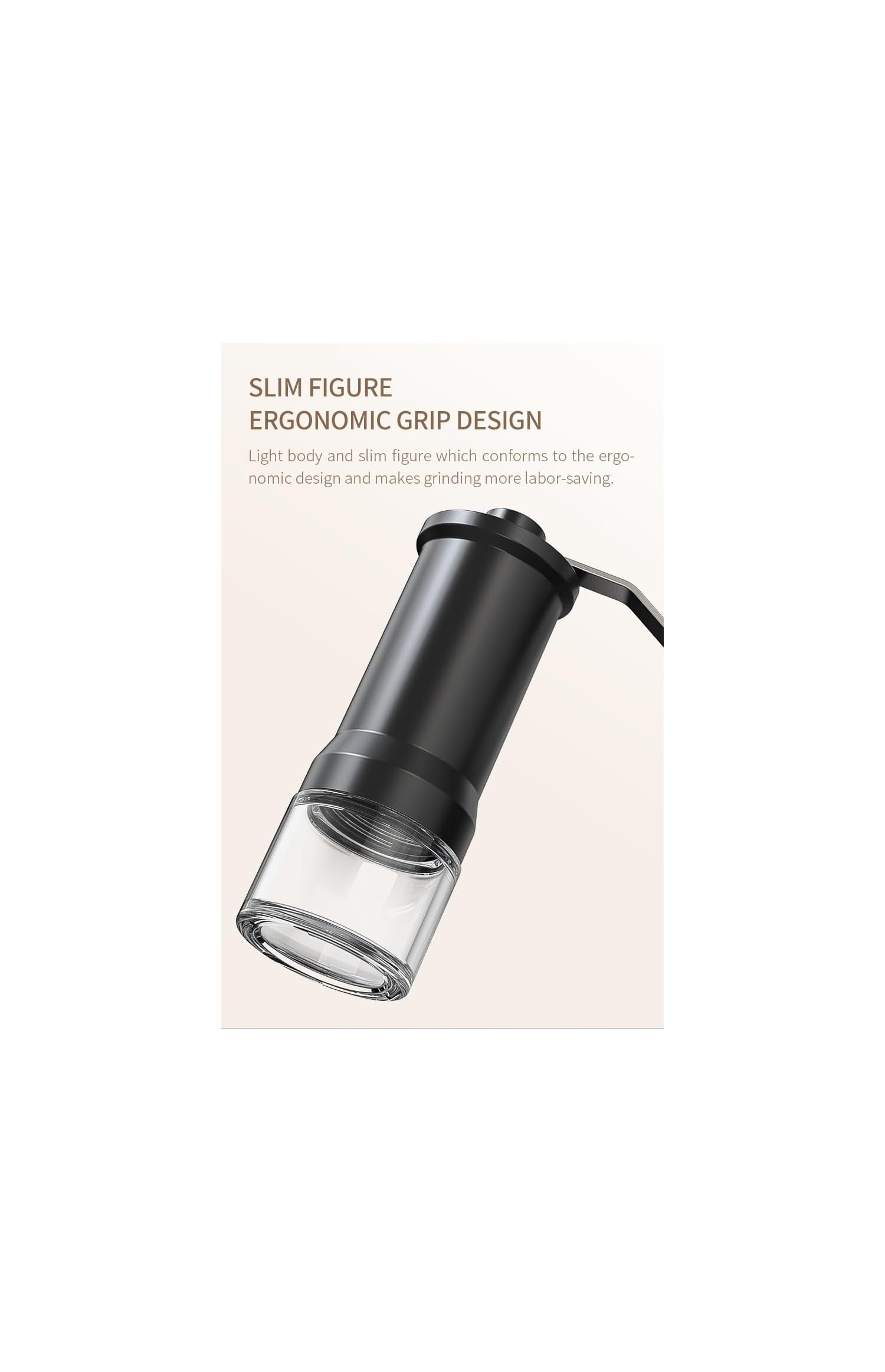 Schwarze, schlanke Kaffeemühle mit ergonomischem Design und durchsichtigem Behälter unten.