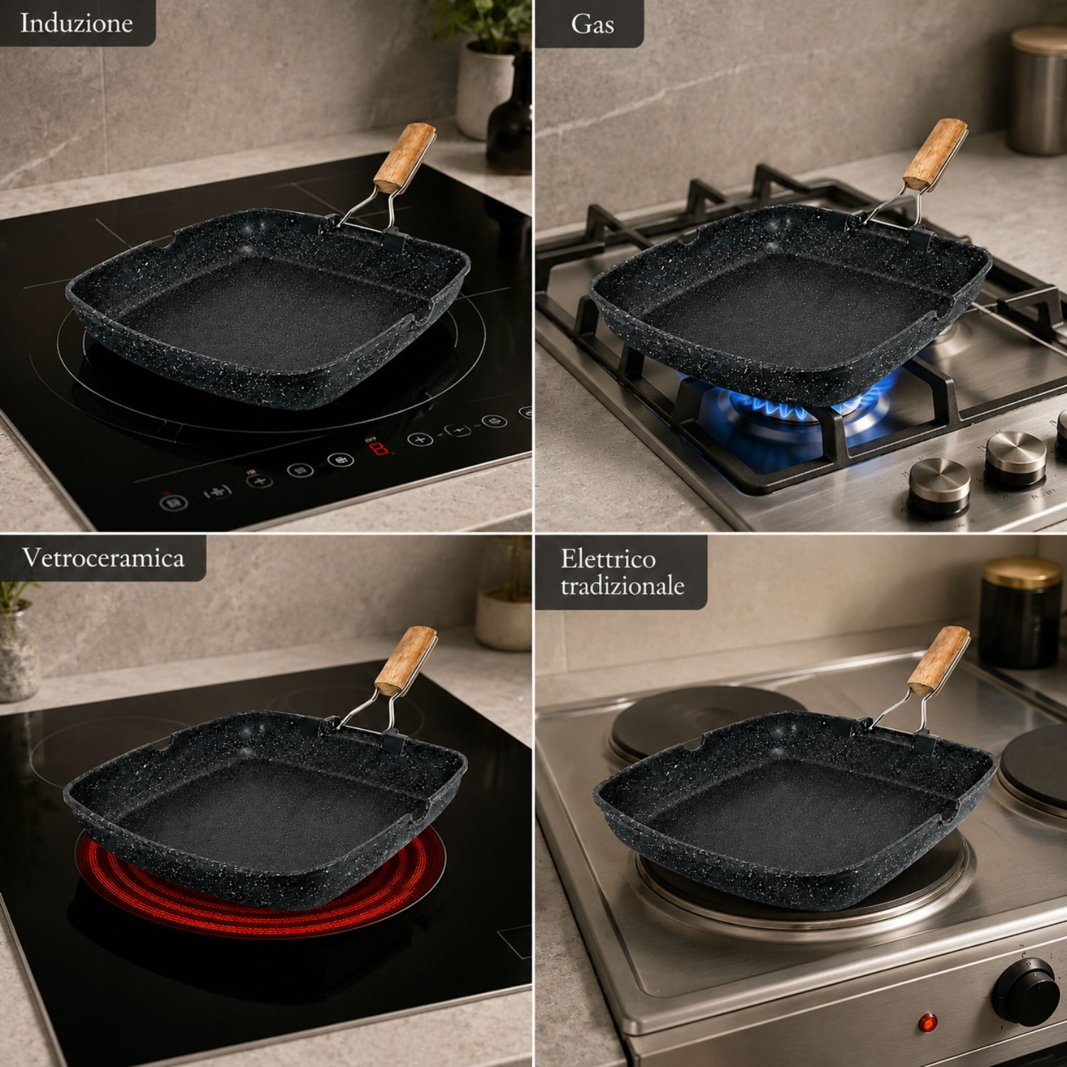 Una padella quadrata nera maculata con manico in legno mostrata su quattro diversi tipi di piani cottura: induzione, gas, vetroceramica ed elettrico.