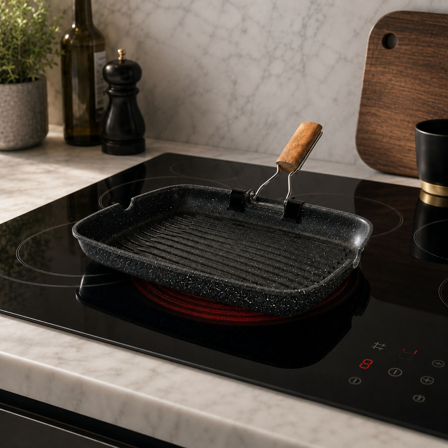 Una padella per grill quadrata con manico in legno su un piano cottura in vetroceramica.