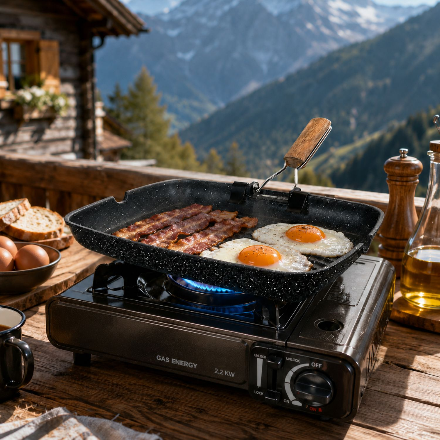 Pancetta e uova fritte cucinano in una padella su un fornellino con montagne.