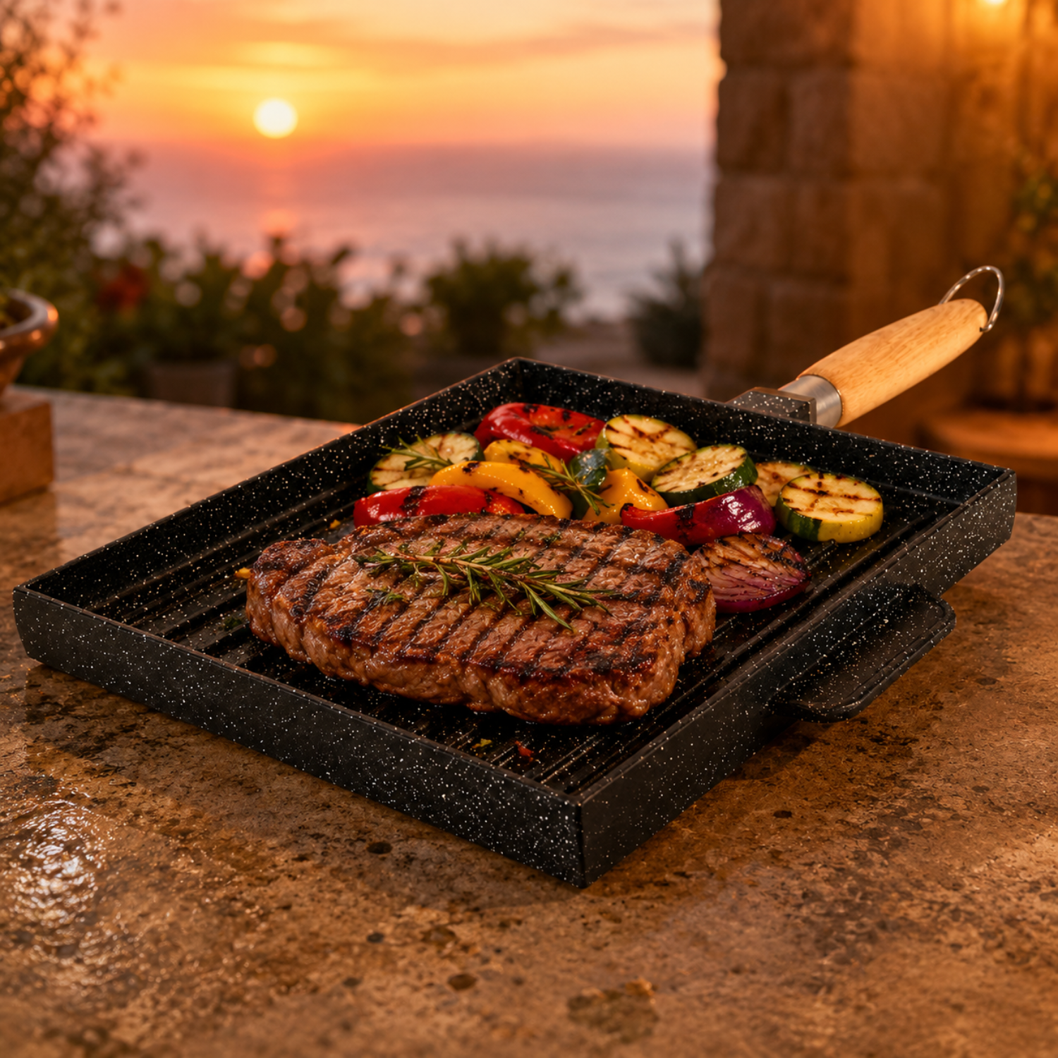 Una bistecca grigliata e verdure miste in una padella all'aperto al tramonto.