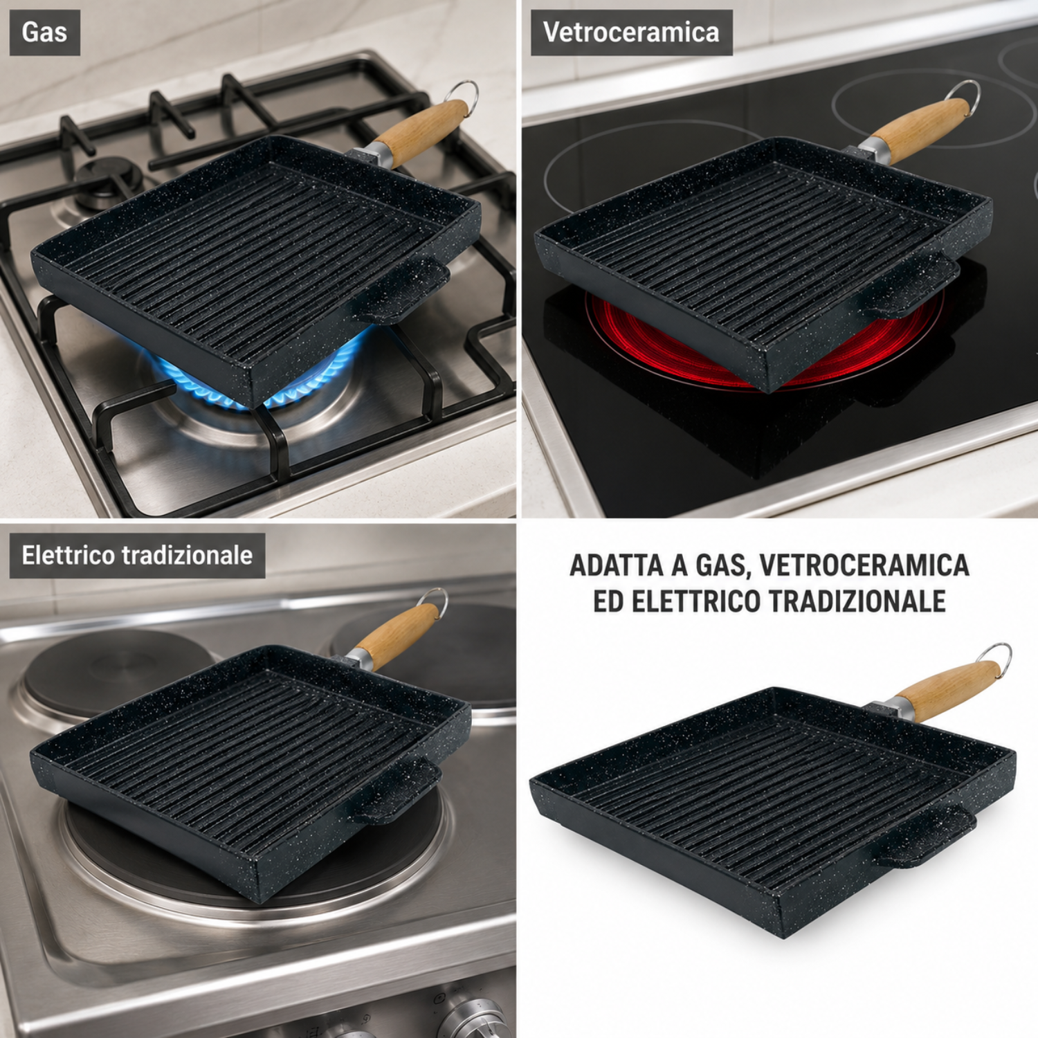 Padella grill nera quadrata con manico in legno su piani cottura a gas, vetroceramica ed elettrici.