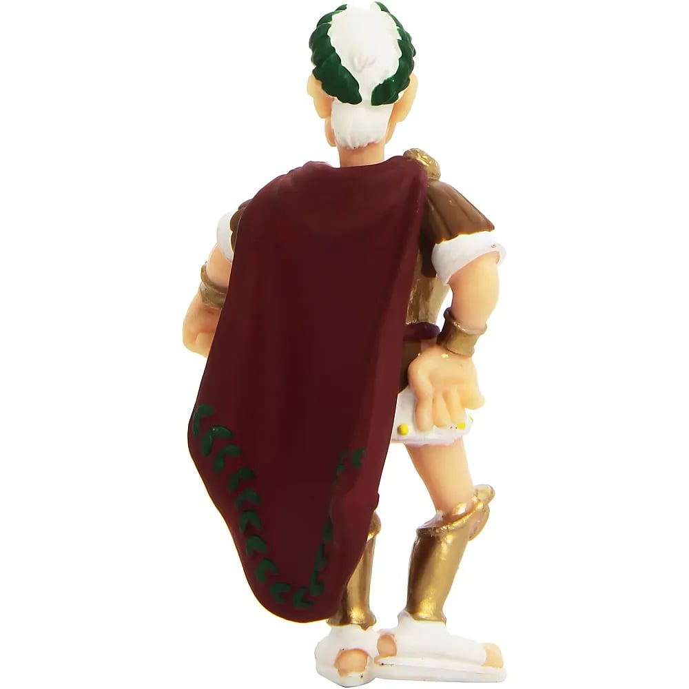Vista trasera de una pequeña figura romana con armadura, capa roja y corona de laurel.