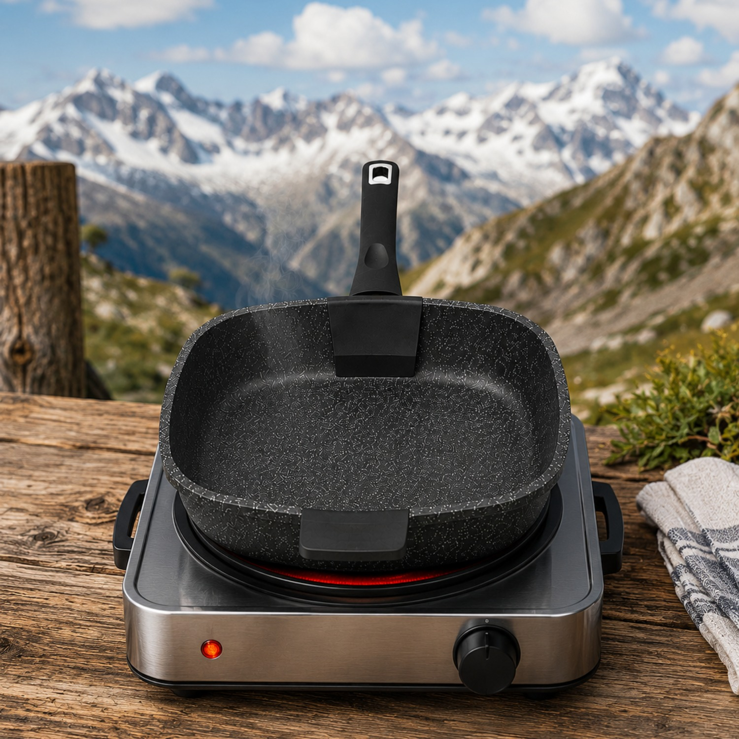 Una padella rettangolare su un fornello elettrico su un tavolo di legno con montagne innevate sullo sfondo.