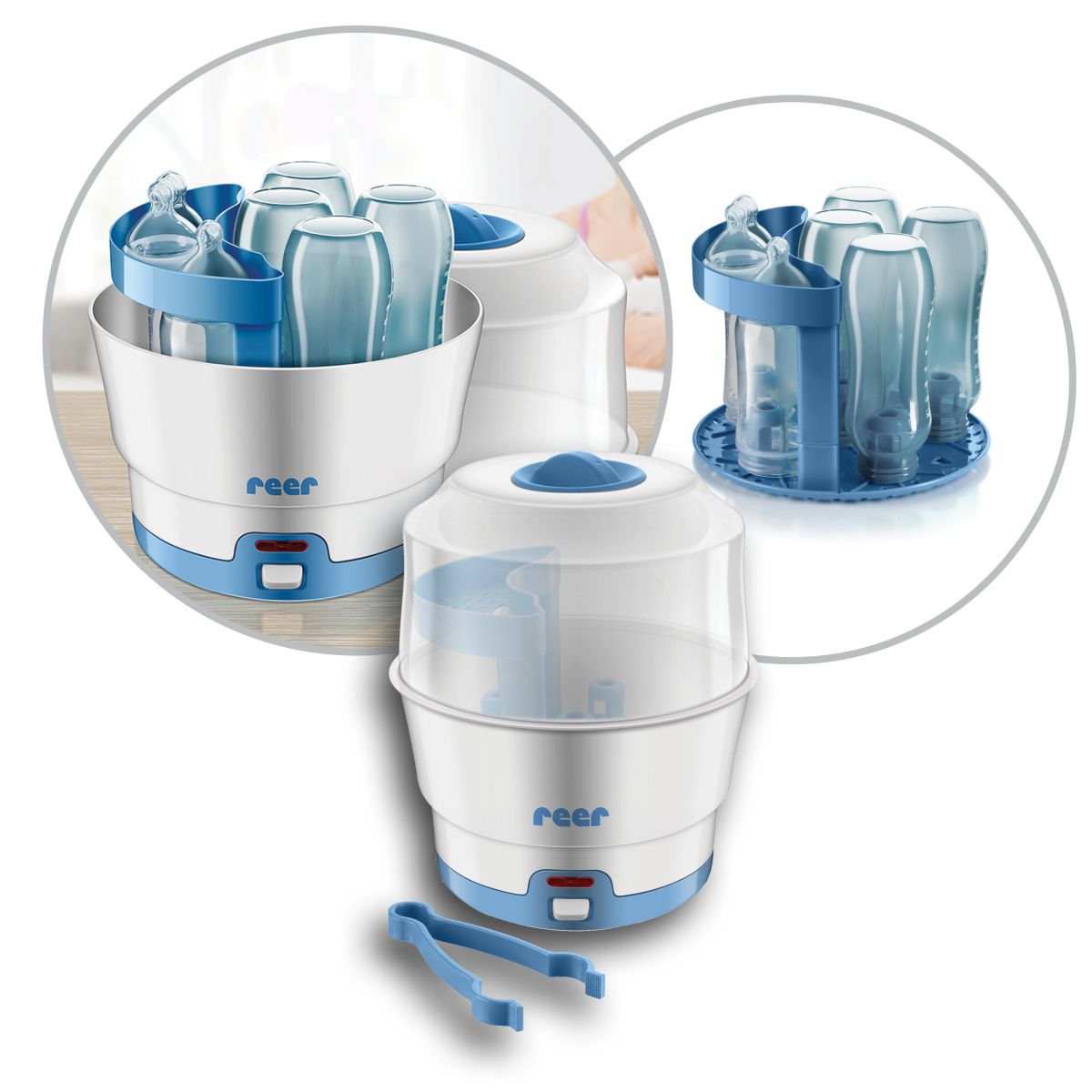 Weiß-blauer elektrischer Flaschensterilisator mit Flaschen, Zange und separatem Flaschenhalter.